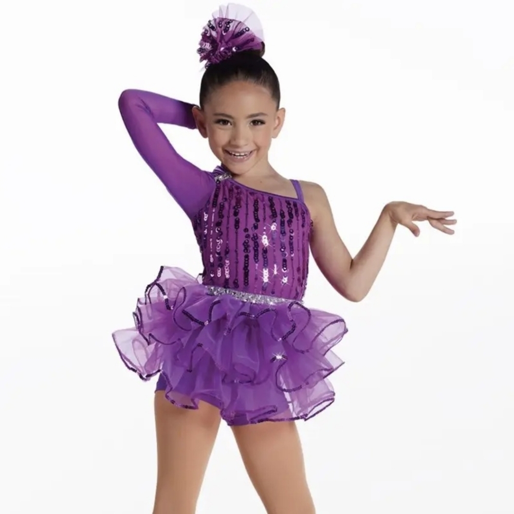 Weissman Showtime Get Up & Dance One Sleeve Sequin Tiered Dance Purple Dress SC
